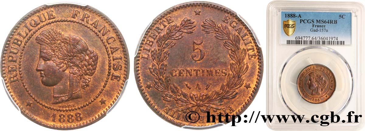5 centimes Cérès 1888 Paris F.118/30 SPL64 PCGS