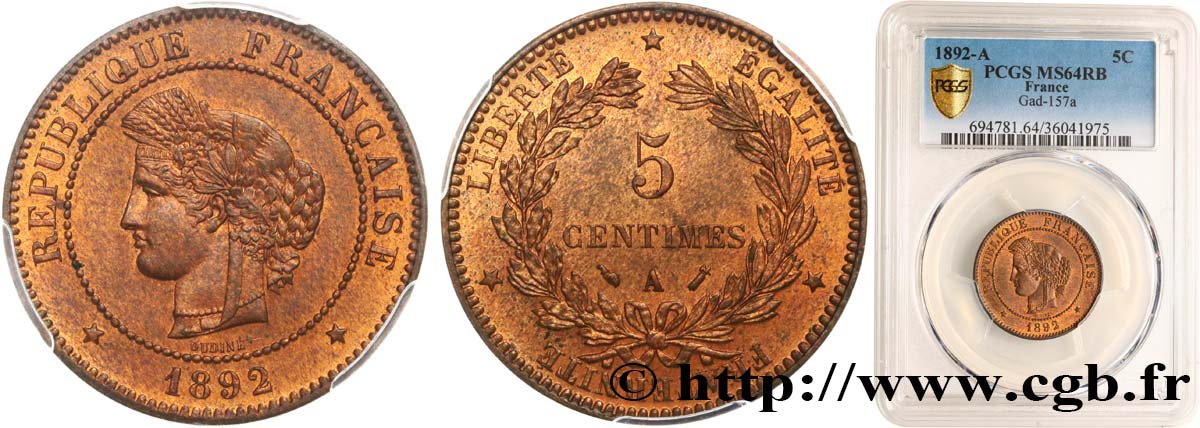5 centimes Cérès 1892 Paris F.118/34 MS64 PCGS