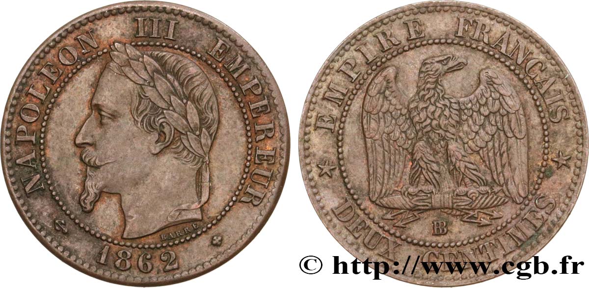 Deux centimes Napoléon III, tête laurée 1862 Strasbourg F.108A/6 AU50 