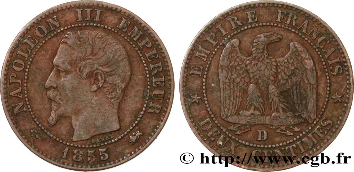 Deux centimes Napoléon III, tête nue 1855 Lyon F.107/27 BC35 