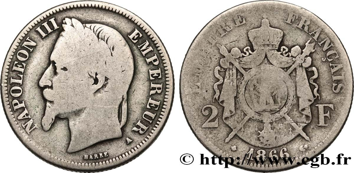 2 francs Napoléon III, tête laurée 1866 Paris F.263/2 B10 