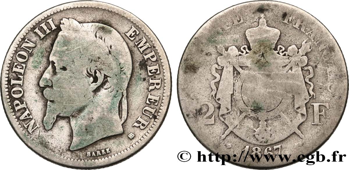 2 francs Napoléon III, tête laurée 1867 Strasbourg F.263/6 SGE8 