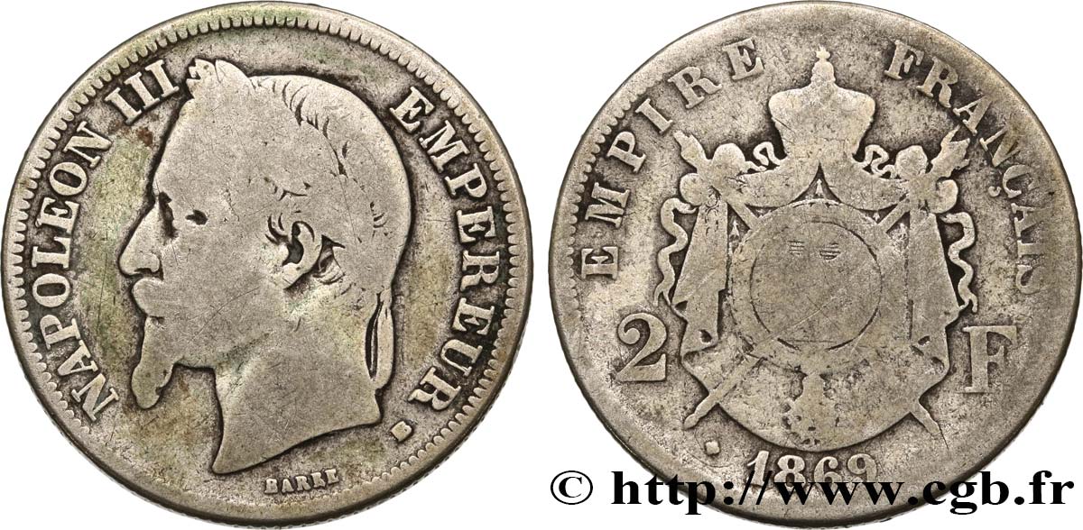 2 francs Napoléon III, tête laurée 1869 Paris F.263/10 SGE8 