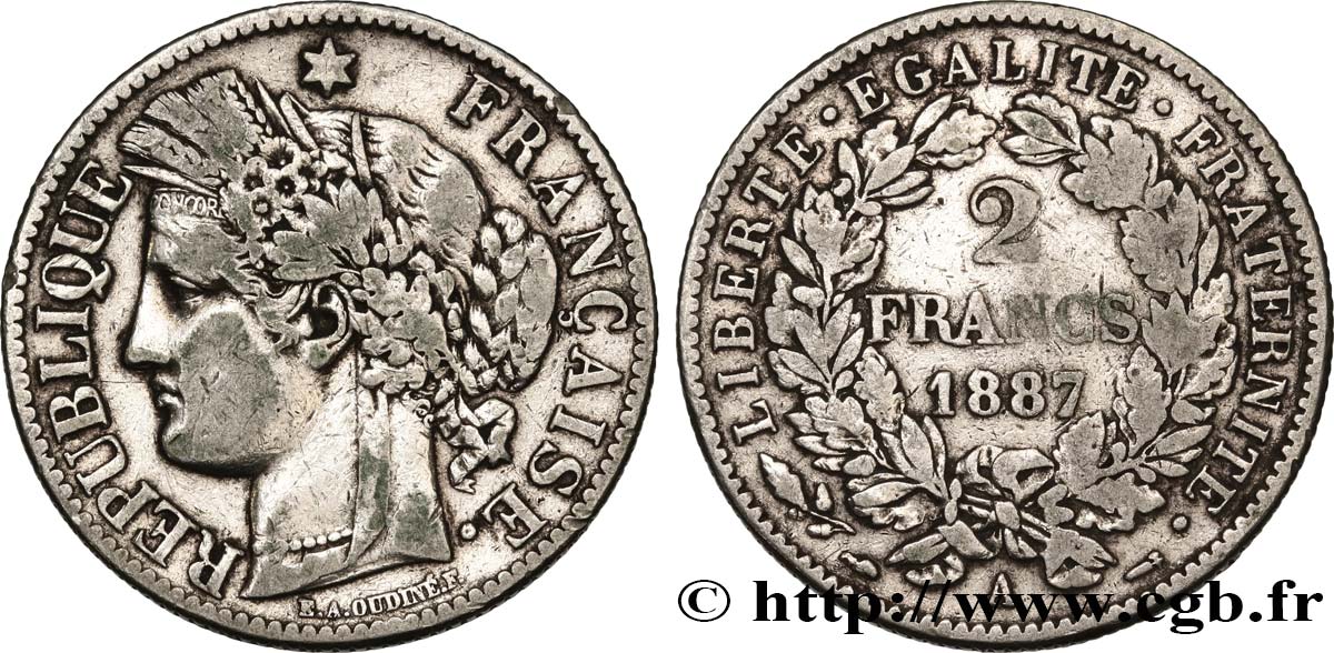 2 francs Cérès, avec légende 1887 Paris F.265/13 MB30 