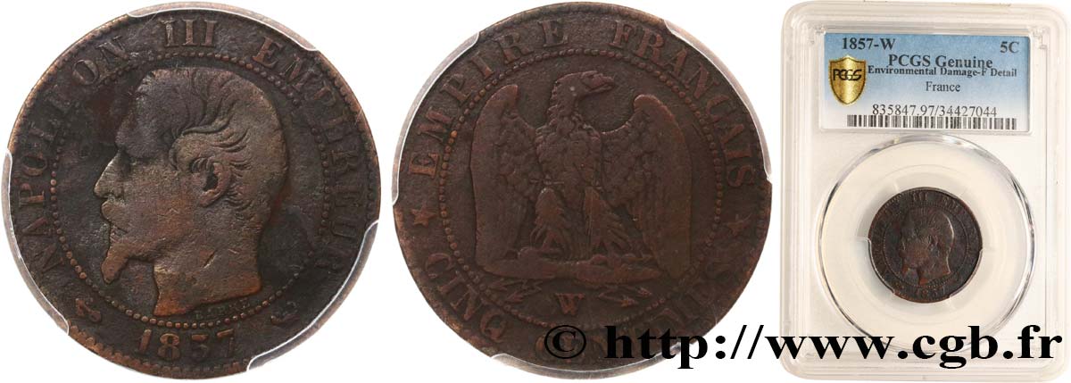 Cinq centimes Napoléon III, tête nue 1857 Lille F.116/43 q.MB PCGS