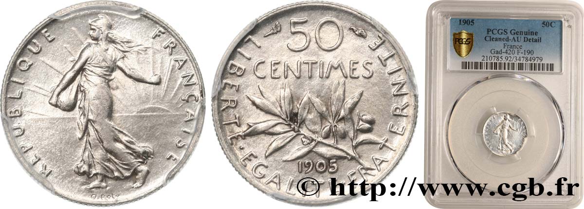 50 centimes Semeuse 1905 Paris F.190/12 AU PCGS