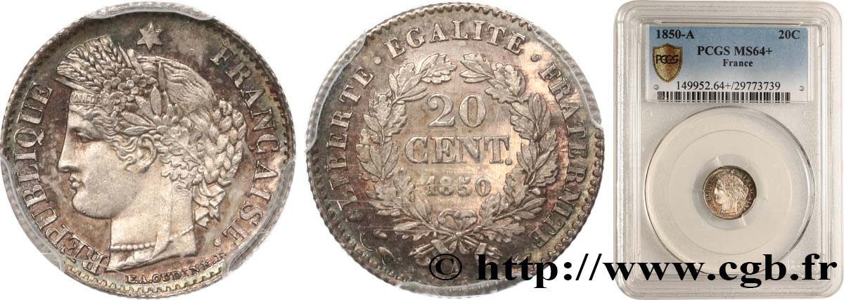 20 centimes Cérès, IIe République 1850 Paris F.146/3 SPL64 PCGS