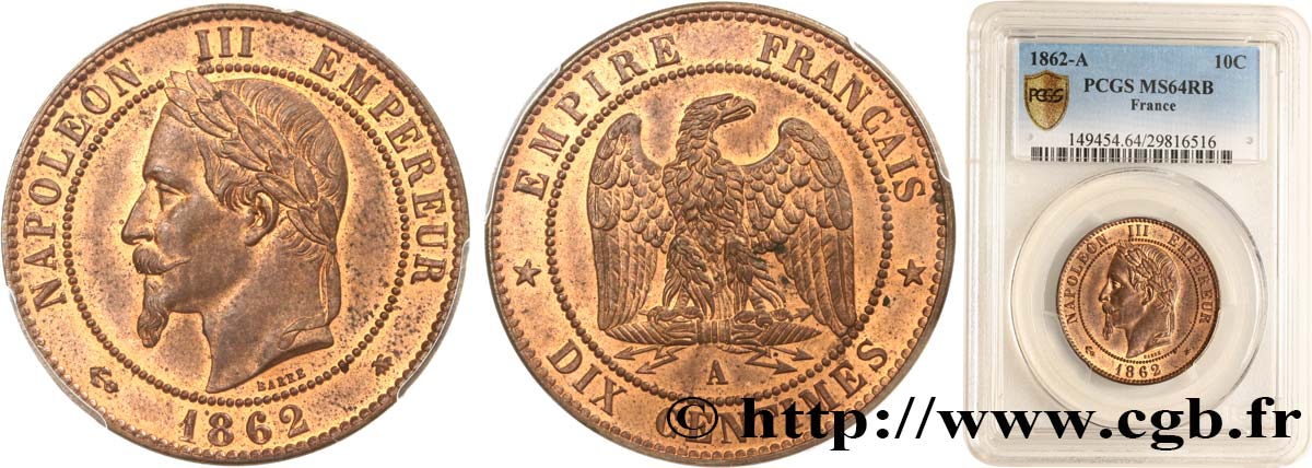 Dix centimes Napoléon III, tête laurée 1862 Paris F.134/7 fST64 PCGS