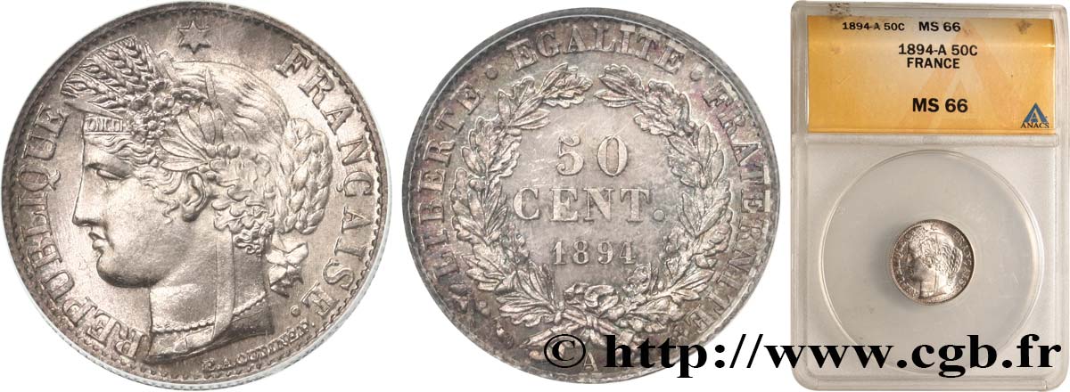 50 centimes Cérès, Troisième République 1894 Paris F.189/15 MS66 ANACS