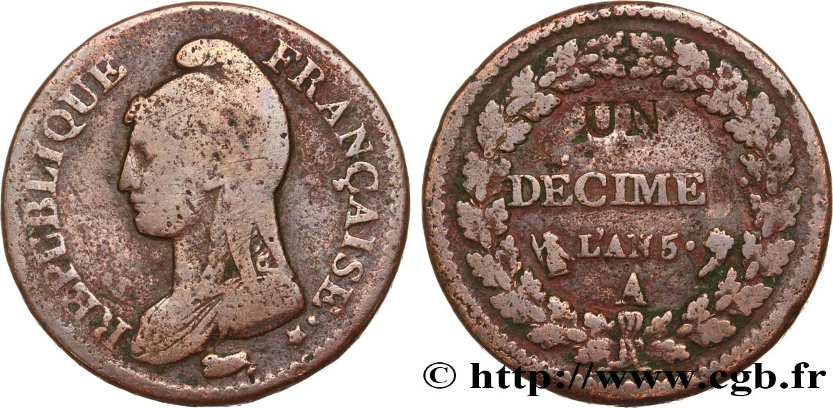 Un décime Dupré, modification du 2 décimes, Frappe médaille 1797 Paris F.127/5 VF30 