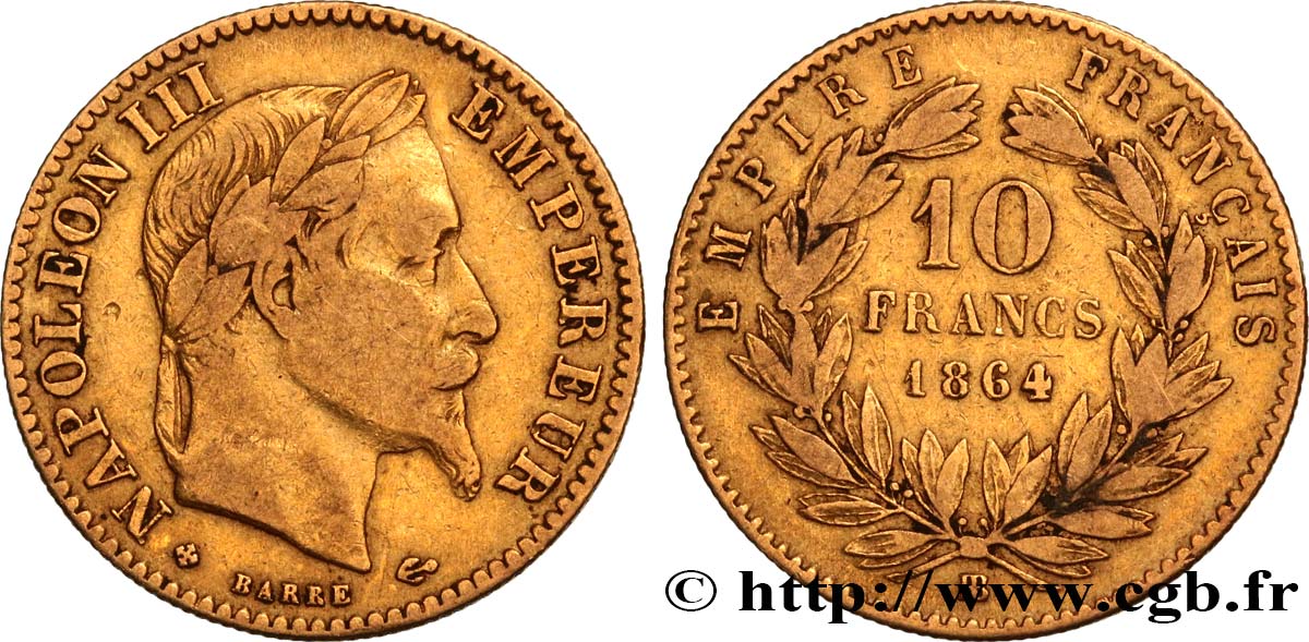 10 francs or Napoléon III, tête laurée 1864 Strasbourg F.507A/7 TB30 