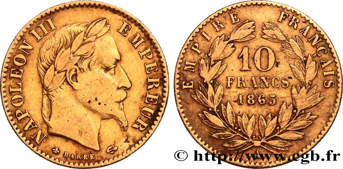 10 francs or Napoléon III, tête laurée 1865 Paris F.507A/9 BC 