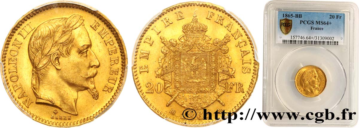 20 francs or Napoléon III, tête laurée 1865 Strasbourg F.532/12 SC64 PCGS