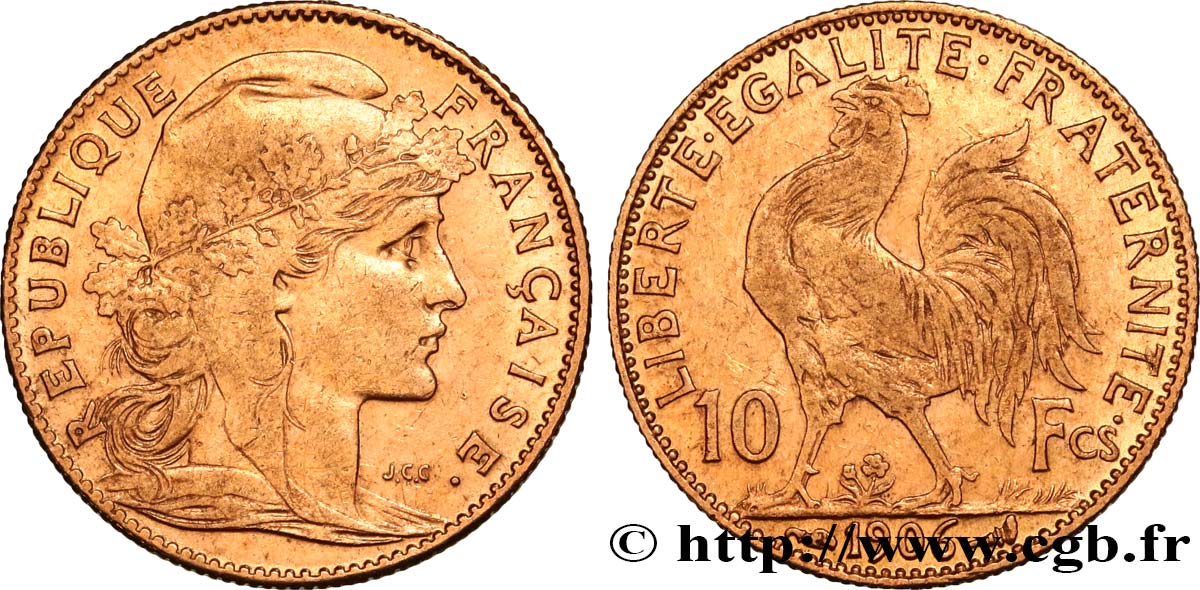 10 francs or Coq 1906 Paris F.509/7 AU50 