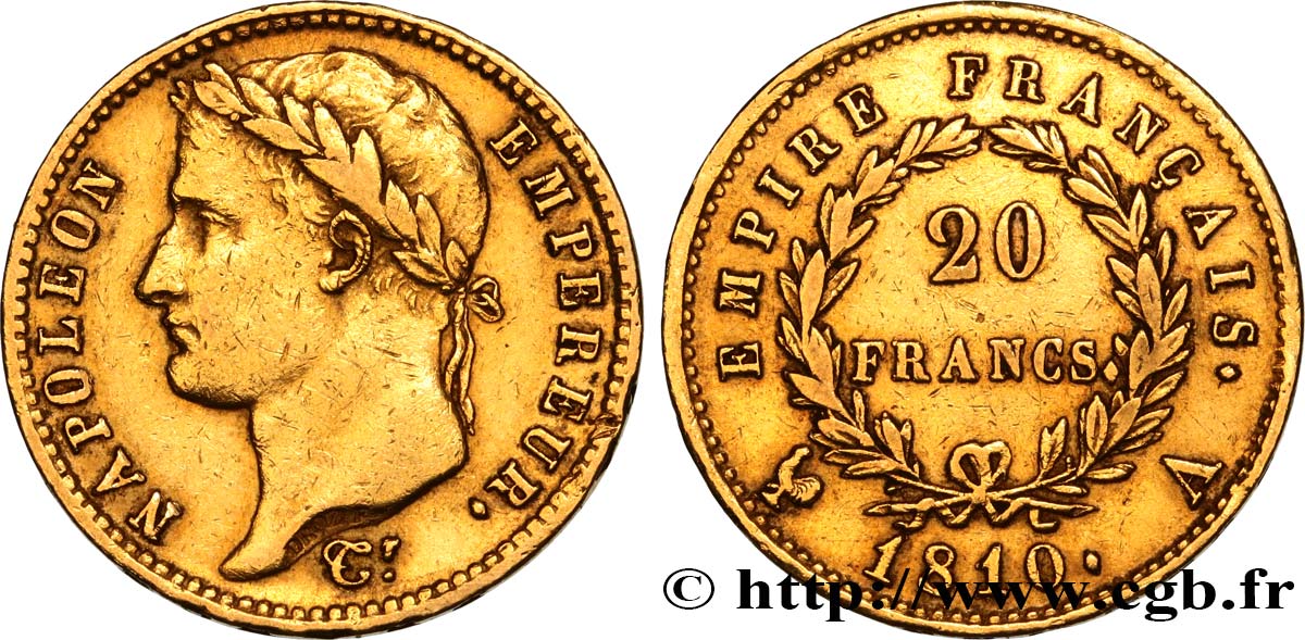 20 francs or Napoléon, tête laurée, Empire français 1810 Paris F.516/8 TTB 