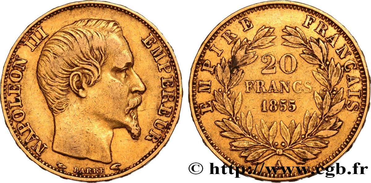 20 francs or Napoléon III, tête nue 1855 Paris F.531/3 MBC40 