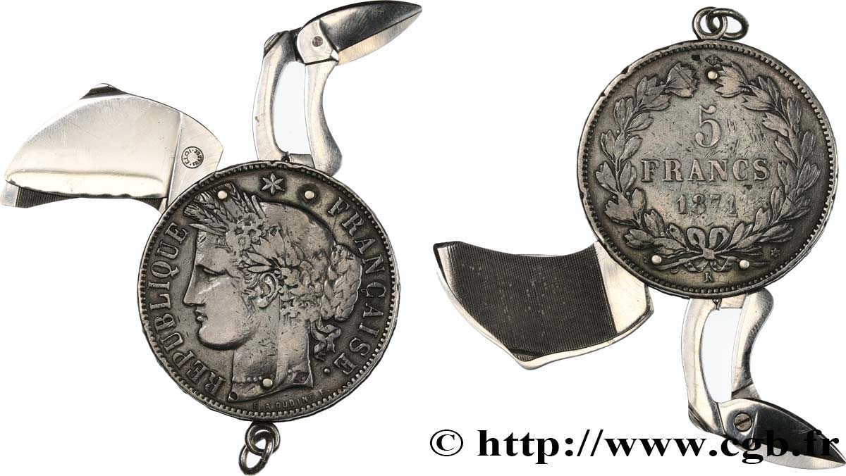 5 francs Cérès, sans légende, transformé en porte-clé avec lime à ongle et paire de ciseaux 1871 Bordeaux F.332/8 S 