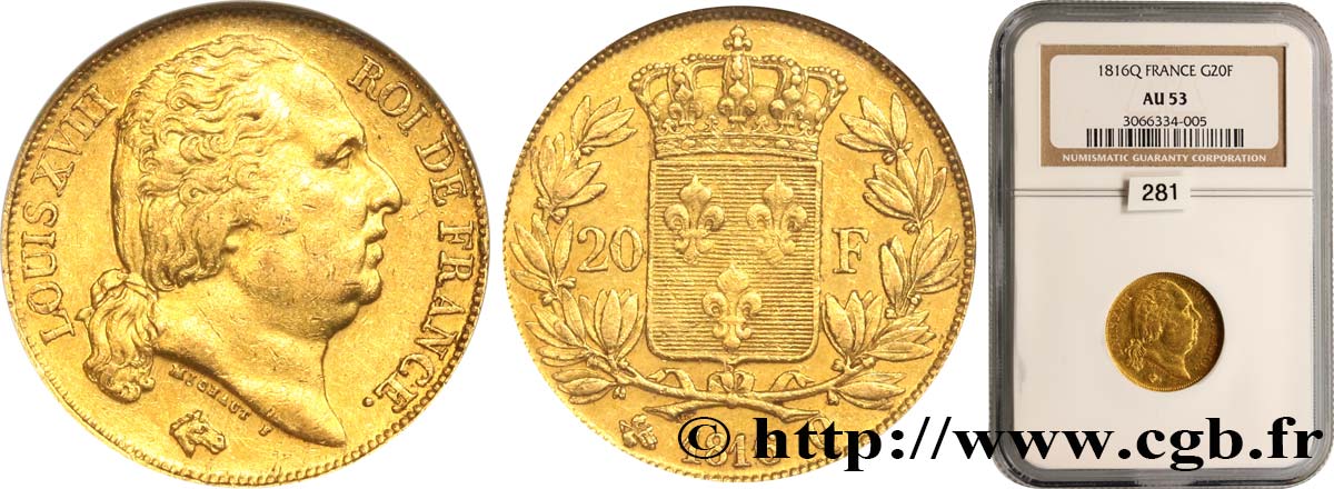 20 francs or Louis XVIII, tête nue 1816 Perpignan F.519/3 MBC53 NGC