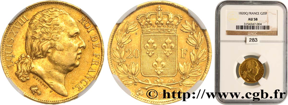 20 francs or Louis XVIII, tête nue 1820 Perpignan F.519/21 AU58 NGC