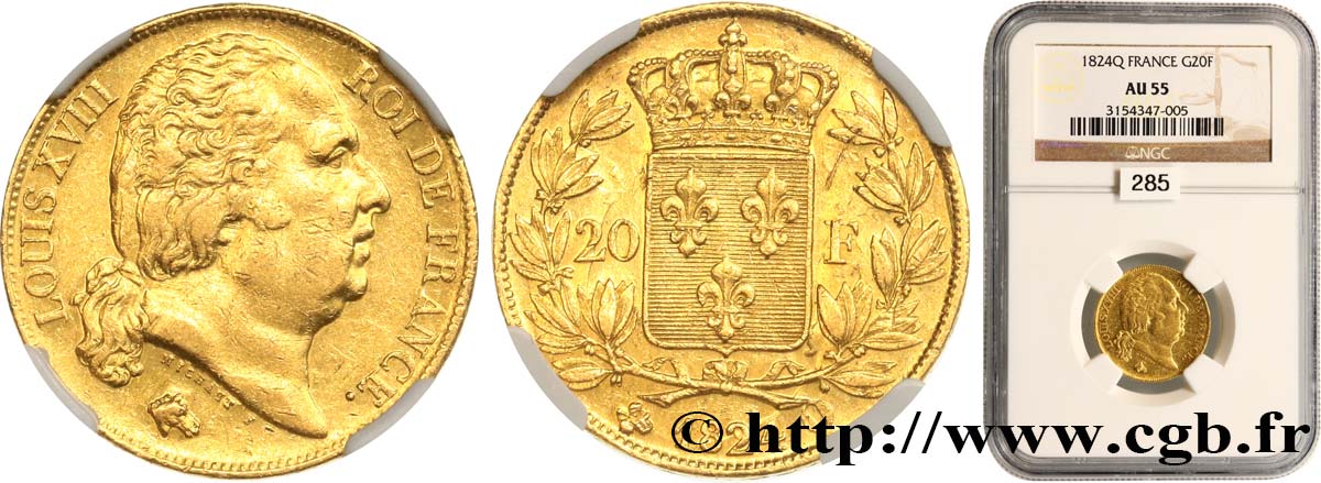 20 francs or Louis XVIII, tête nue 1824 Perpignan F.519/33 AU55 NGC