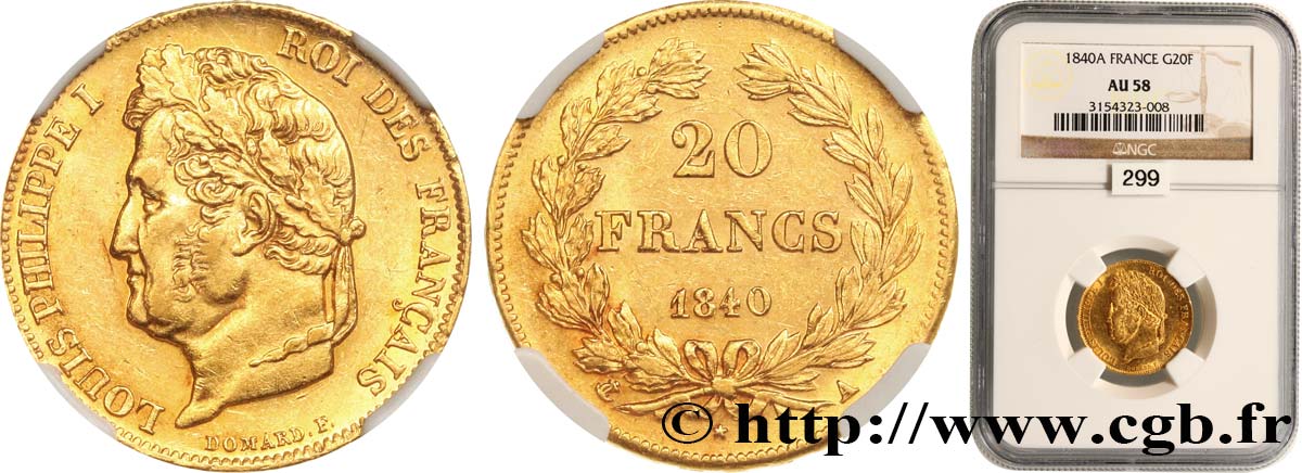 20 francs or Louis-Philippe, Domard 1840 Paris F.527/22 AU58 NGC