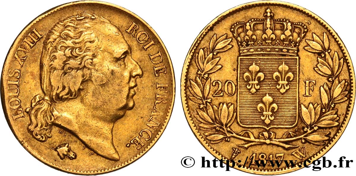 20 francs or Louis XVIII, tête nue 1817 Lille F.519/9 XF45 