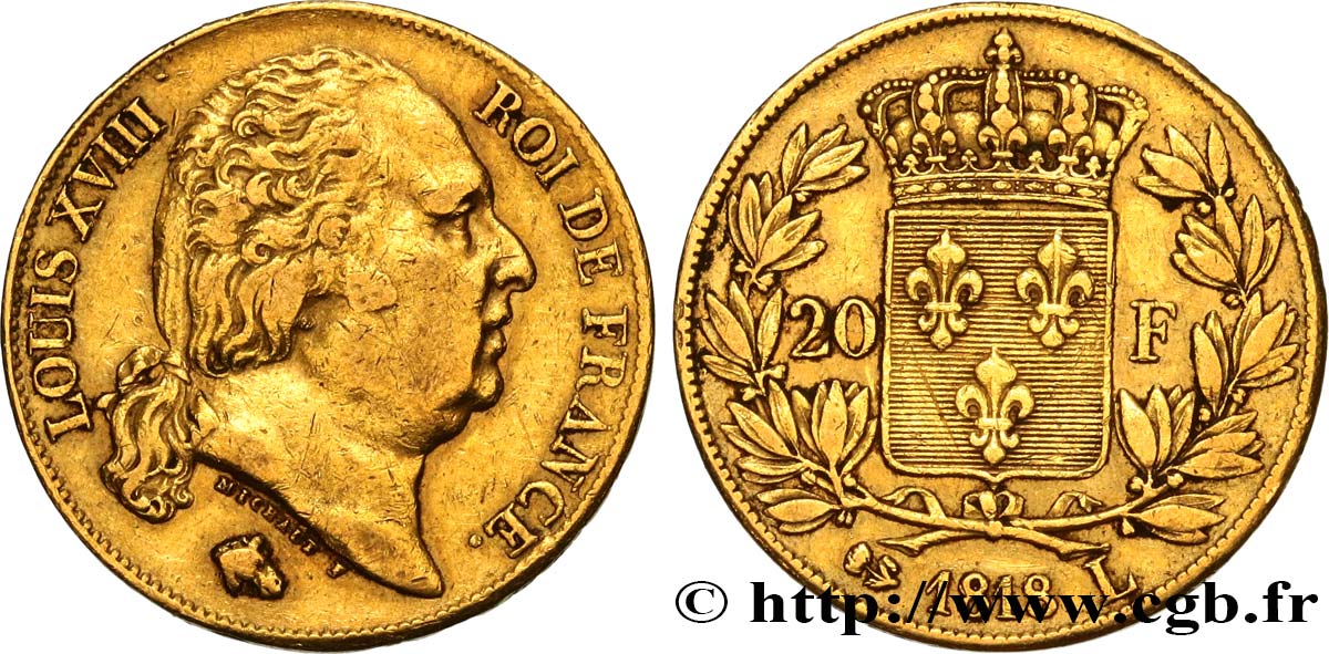 20 francs or Louis XVIII, tête nue 1818 Bayonne F.519/11 XF42 