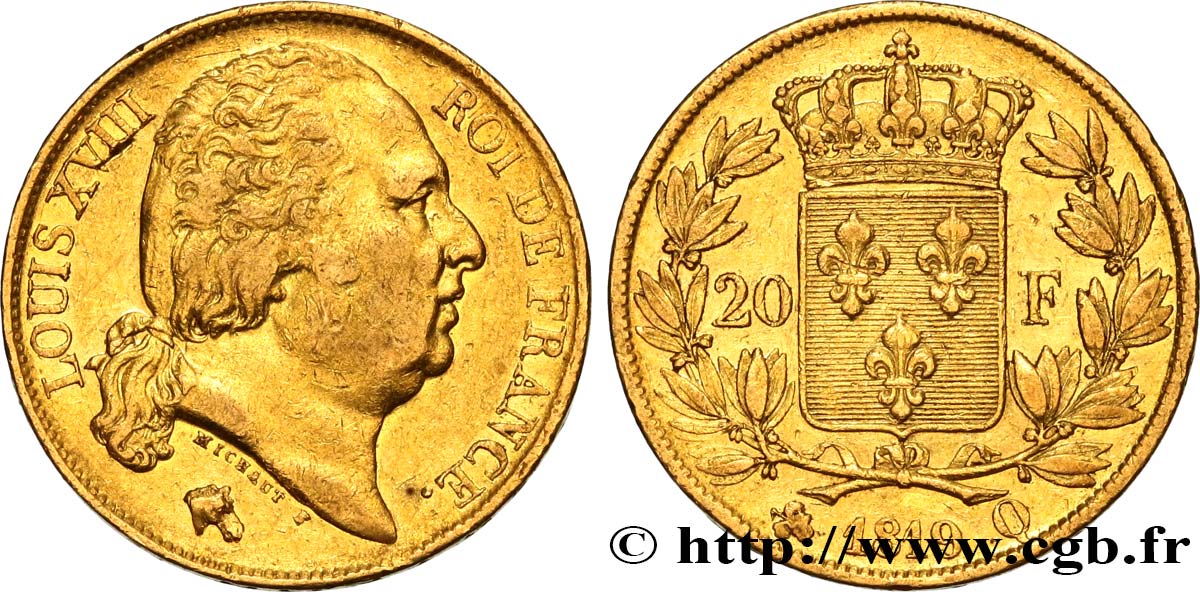 20 francs or Louis XVIII, tête nue 1819 Perpignan F.519/16 AU50 