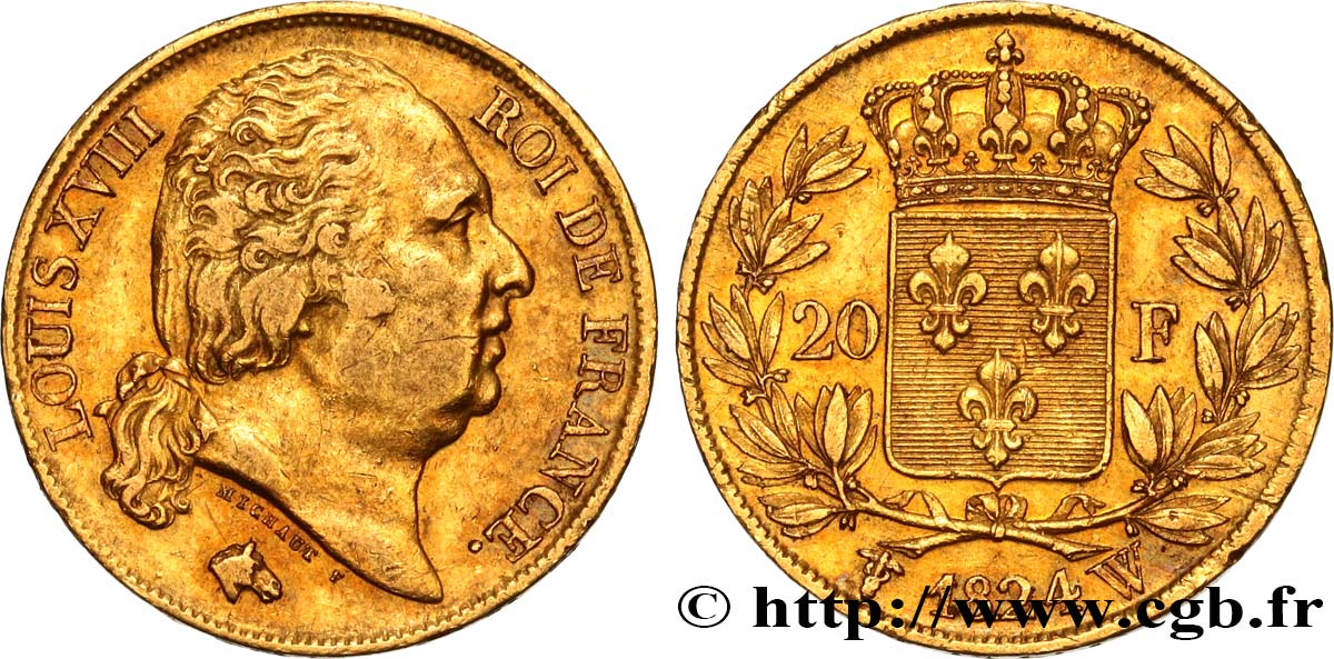 20 francs or Louis XVIII, tête nue 1824 Lille F.519/34 BB50 
