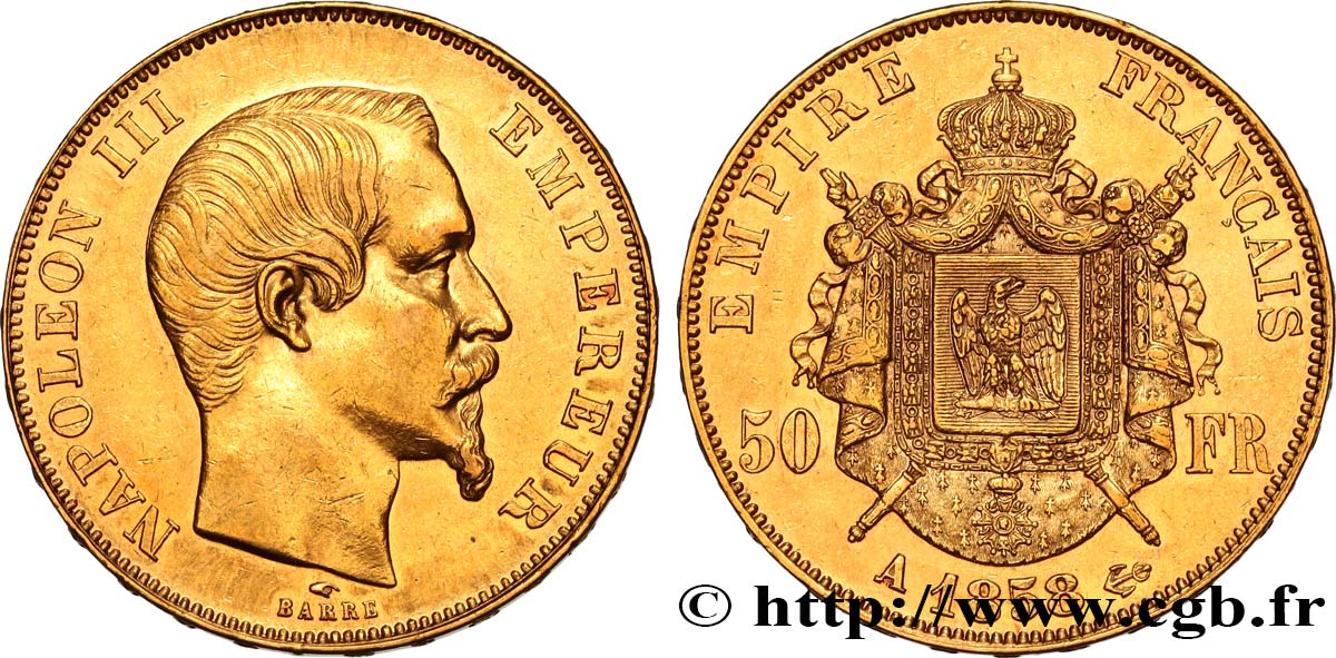 50 francs or Napoléon III, tête nue 1858 Paris F.547/5 MS60 