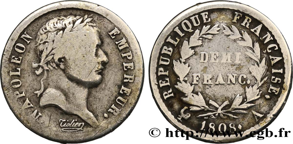 Demi-franc Napoléon Ier tête laurée, République française 1808 Paris F.177/2 B+ 