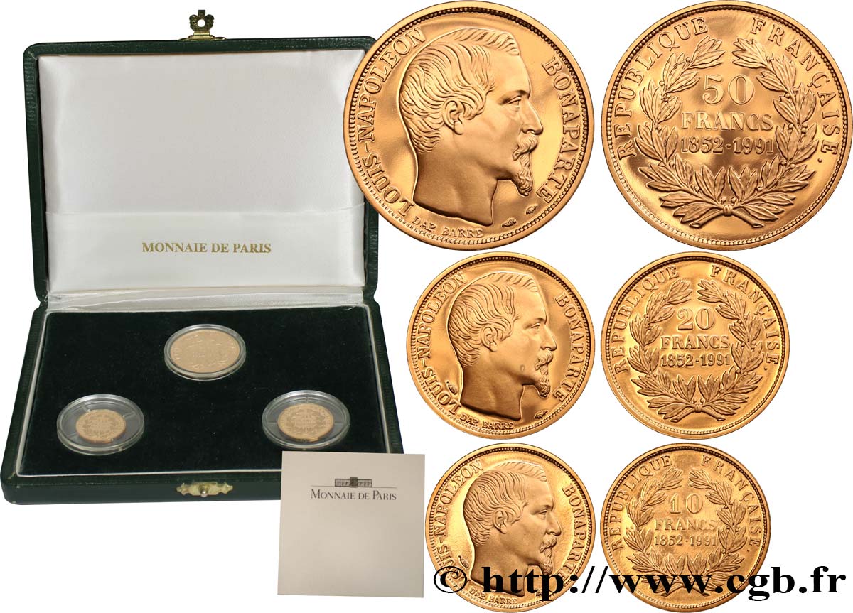 Coffret des trois monnaies Belle Épreuve Or 10, 20 et 50 francs “Napoléon” 1991  F5.  FDC 