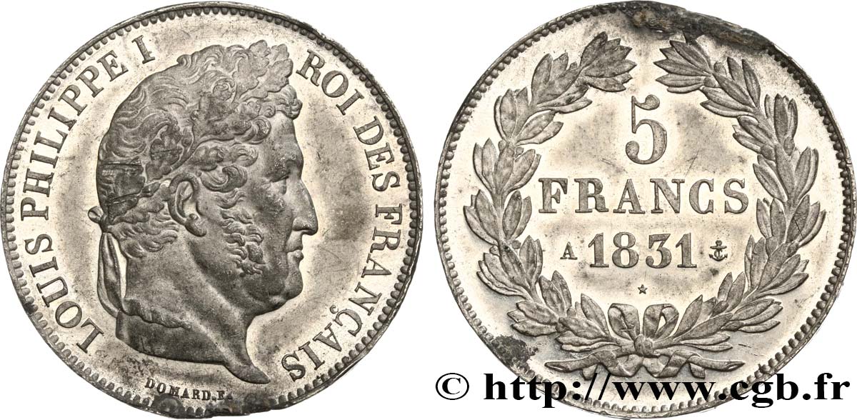 Essai-concours de 5 francs Domard en étain, type adopté 1831 Paris G.660  EBC+ 