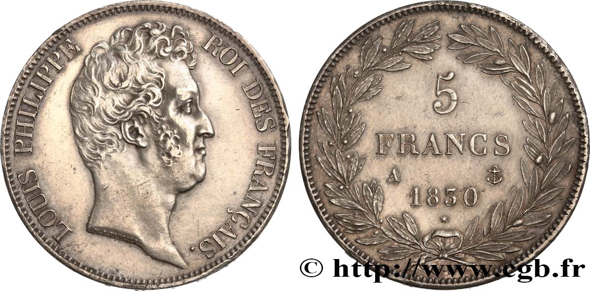 5 francs type Tiolier sans le I, tranche en creux 1830 Paris F.313/1 SPL56 