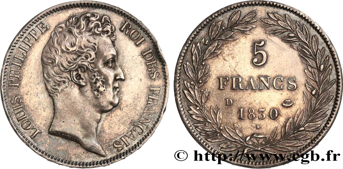 5 francs type Tiolier sans le I, tranche en creux 1830 Lyon F.313/3 AU58 