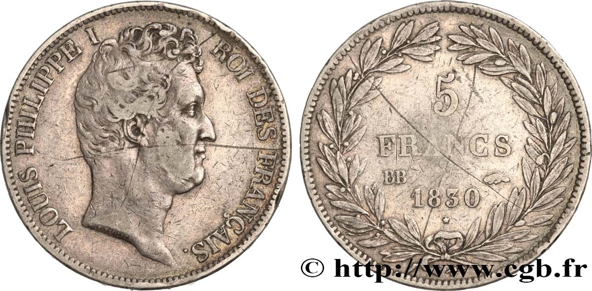 5 francs type Tiolier avec le I, tranche en creux 1830 Strasbourg F.315/3 VF 