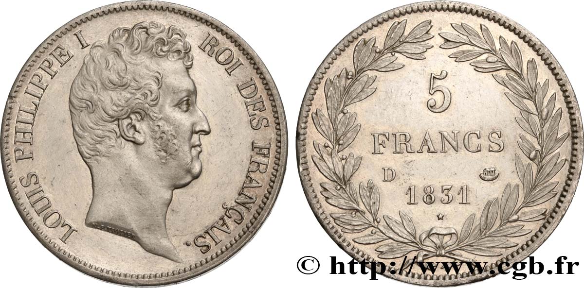 5 francs type Tiolier avec le I, tranche en creux 1831 Lyon F.315/17 VZ+ 