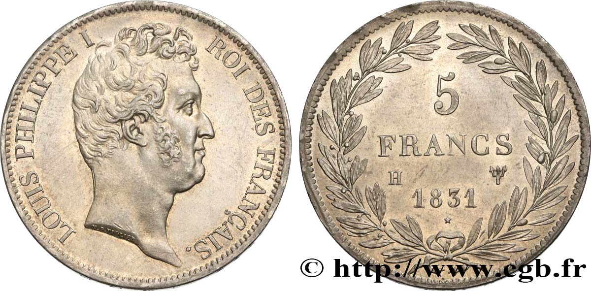 5 francs type Tiolier avec le I, tranche en creux 1831 La Rochelle F.315/18 SUP60 