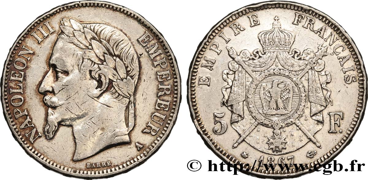 5 francs Napoléon III, tête laurée 1867 Paris F.331/10 VF 