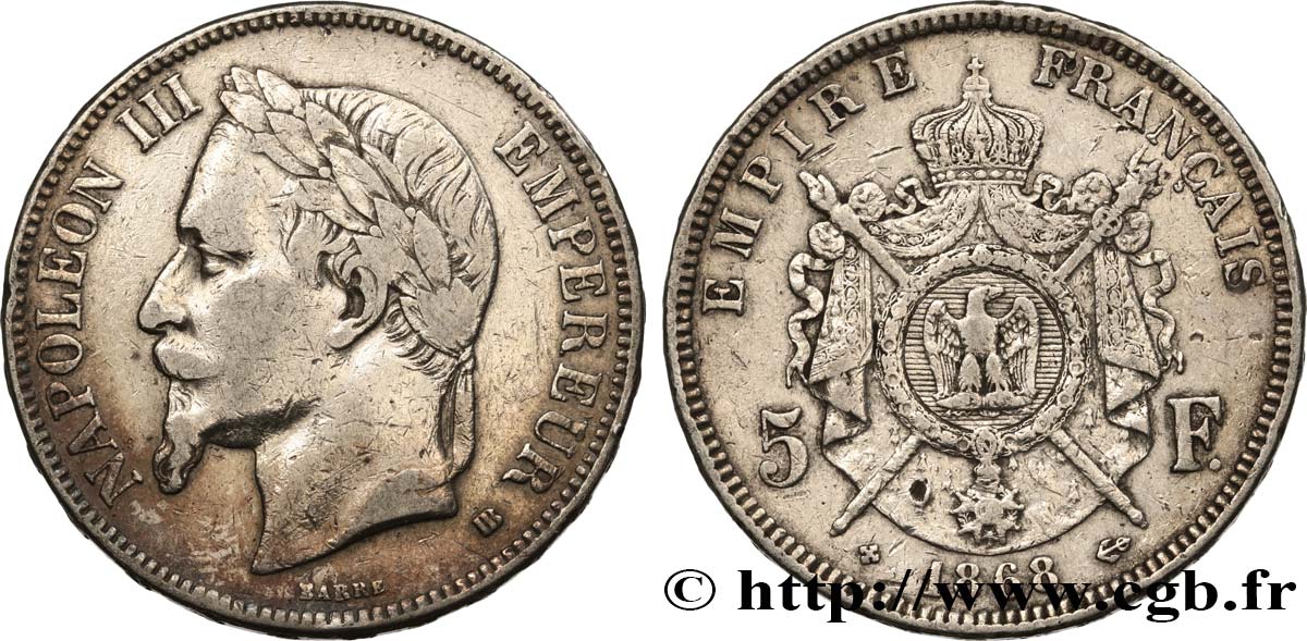 5 francs Napoléon III, tête laurée 1868 Strasbourg F.331/13 BC 