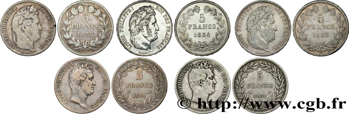 Lot de cinq pièces de 5 francs Louis-Philippe n.d. s.l. F.315/24 MB/SPL 