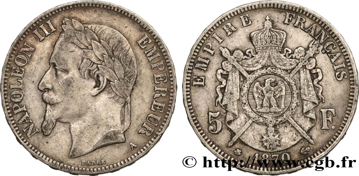 5 francs Napoléon III, tête laurée 1870 Paris F.331/16 MB25 