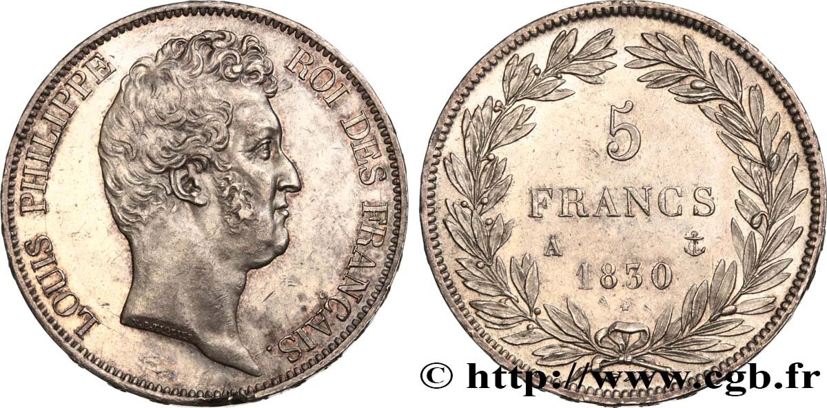 5 francs type Tiolier sans le I, tranche en relief 1830  Paris F.314/1 AU58 