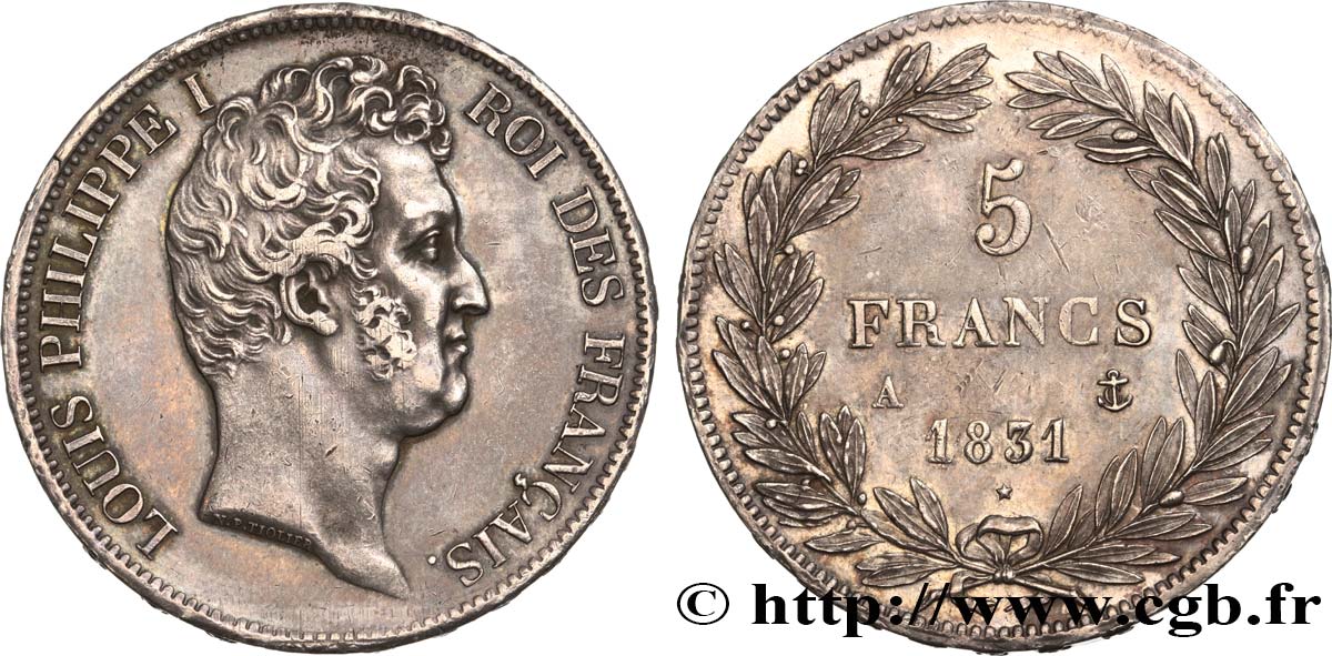 5 francs type Tiolier avec le I, tranche en relief 1831 Paris F.316/2 AU53 