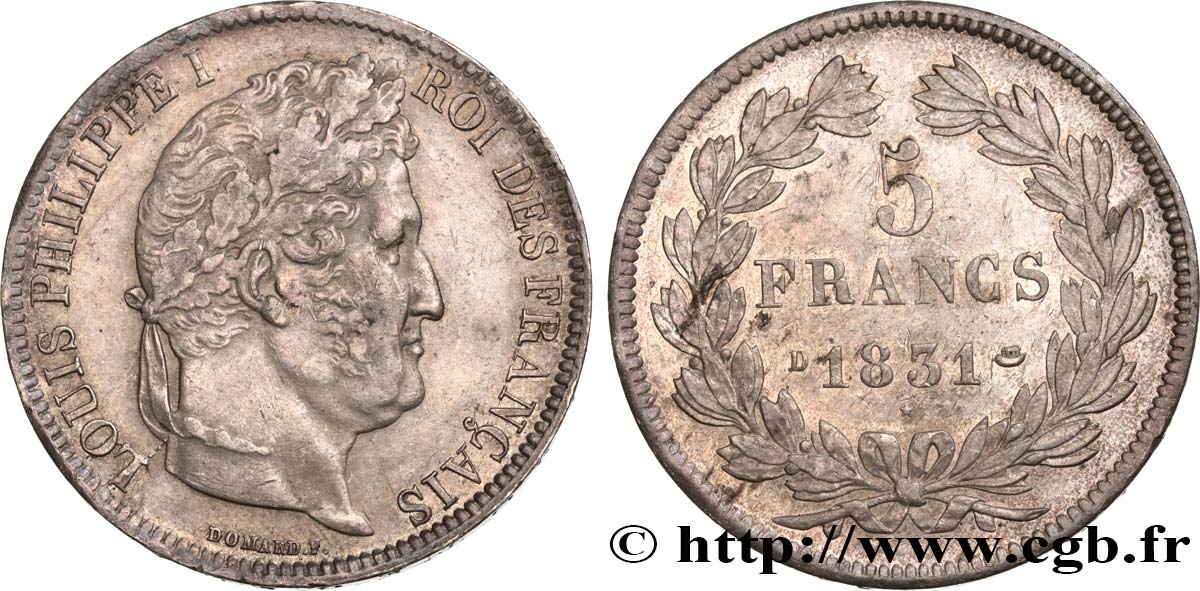 5 francs Ier type Domard, tranche en creux 1831 Lyon F.319/2 AU55 