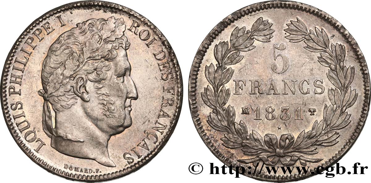 5 francs Ier type Domard, tranche en creux 1831 Marseille F.319/6 SUP60 