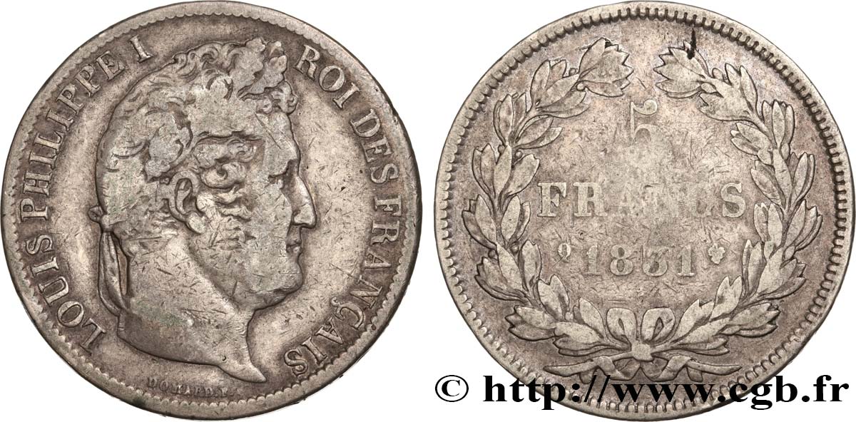 5 francs Ier type Domard, tranche en creux 1831 Perpignan F.319/7 S22 