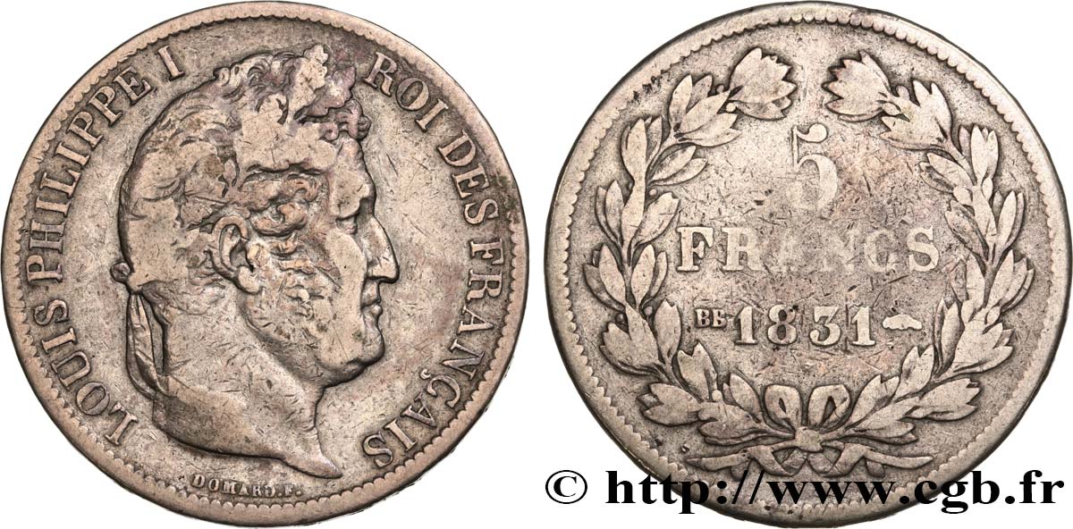 5 francs Ier type Domard, tranche en relief 1831 Strasbourg F.320/3 TB25 