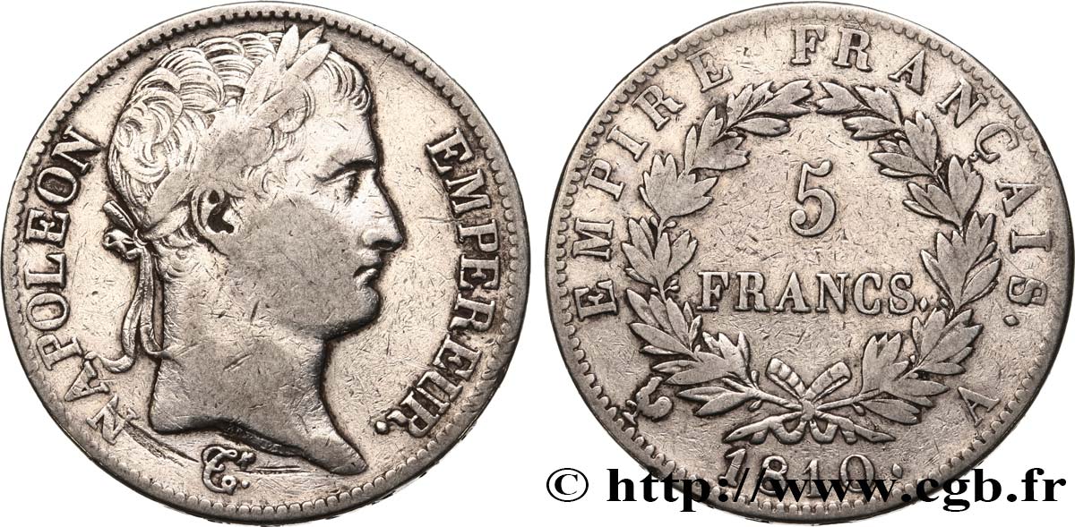 5 francs Napoléon Empereur, Empire français 1810 Paris F.307/14 TB+ 