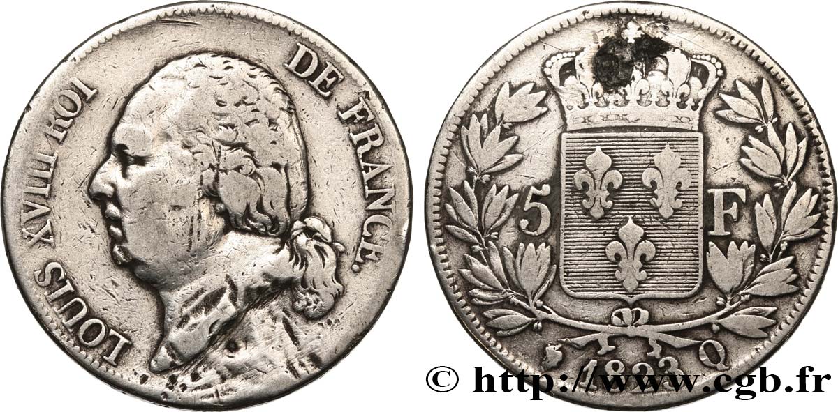 5 francs Louis XVIII, tête nue 1823 Perpignan F.309/86 AB 
